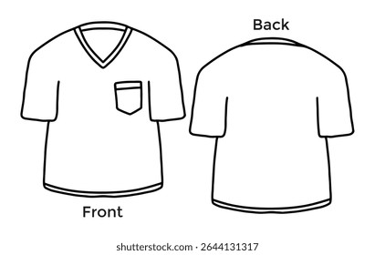 Vector illustration of black ink hand drawn outline of V-neck short sleeve t-shirt, front and back