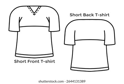 Vector illustration of black ink hand drawn outline of V-neck short sleeve t-shirt, front and back