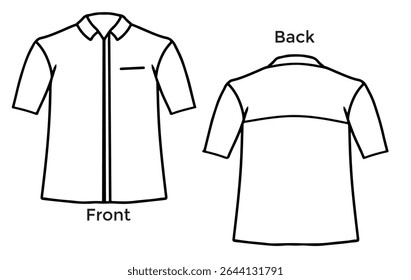 Vector illustration of black ink hand drawn outline of short sleeve shirt, front and back