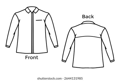 Vector illustration of black ink hand drawn outline of long sleeve shirt, front and back