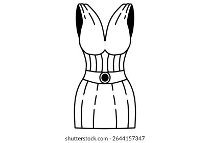 Vector illustration of black ink hand drawn outline of women's mini dress