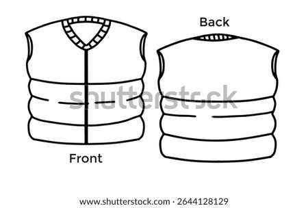 Vector illustration of black ink hand drawn outline of warm clothing or life jacket, front and back