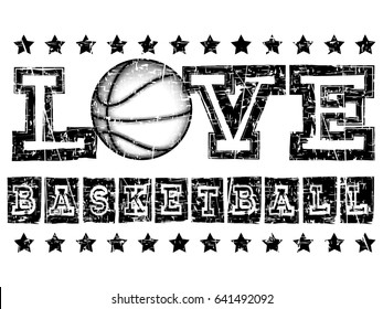 Vector illustration black inscription love basketball on white background with basketball ball.
