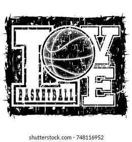 Vector illustration black inscription love basketball on grunge background with basketball ball.