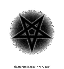 Vector illustration of black inverted pentagram in circle. Dots texture. Pointillism. Stippling. Evil. Occultism. Textured element.