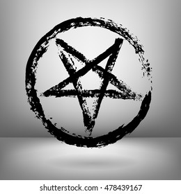 Vector illustration of black inverted pentagram in circle painted by dry brush. Hand drawn symbol. Grey background. Soft shadow, Textured element. Black lines. Evil. Occultism.