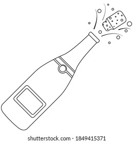 Vector illustration black isolated open bottle of champagne, doodle on white background. Simple flat style.