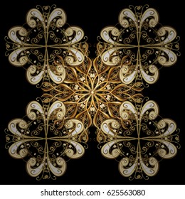 Vector illustration with black isolated snowflakes. Symbol of winter. Isolated watercolor golden elements on black background. Beautiful decoration.