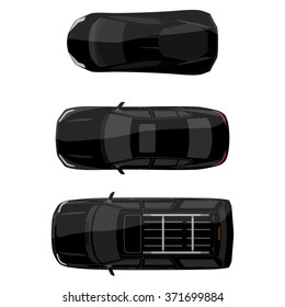 Vector illustration black jeep, sedan and sport car top view. Generic car. 