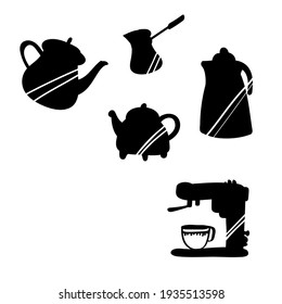 Vector illustration of black kitchen tools on white background - coffee maker, teapot, tea kettle, cezve. Black funny kitchen equipments. 
