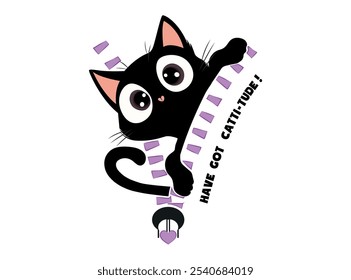 Vector illustration, black kitten on white background. Design for printing on shirt, poster, banner. Lovely print for t-shirt, abstract image.