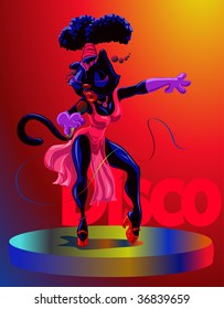 vector illustration, black kitty on stage, banner concept