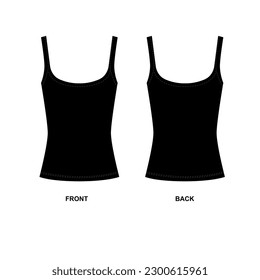 Vector illustration of a black knitted tank top. T-shirt template with round neckline. Drawing of a women's tank top front and back view.