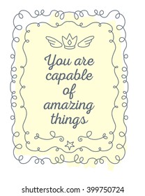 Vector illustration of black lace frame with inscription and fly crown of light yellow color on white background. Line art design to make a poster, greeting card, postcard, paper print.