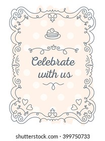 Vector illustration of black lace frame with inscription and cake of peach color on white background. Line art design to make a poster, card, postcard, paper print.