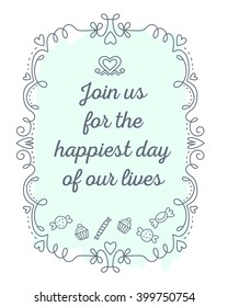 Vector illustration of black lace frame with inscription and heart of light green color on white background. Line art design to make a poster, card, postcard, paper print.