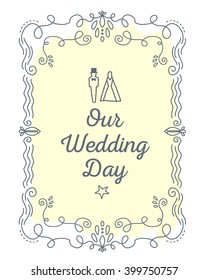 Vector illustration of black lace frame with inscription and groom near bride of light yellow color on white background. Line art design to make a poster, card, postcard, paper print.