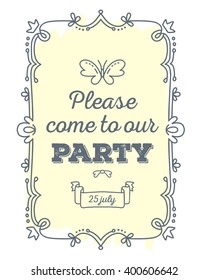 Vector illustration of black lace frame with inscription and butterfly of light yellow color on white background. Line art design to make a poster, greeting card, postcard, paper print.