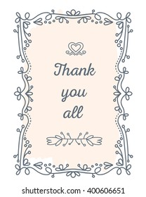 Vector illustration of black lace frame with inscription and flowers of peach color on white background. Line art design to make a poster, card, postcard,  paper print