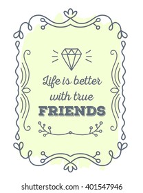 Vector illustration of black lace frame with inscription and diamond of light yellow color on white background. Line art design to make a poster, greeting card, postcard, paper print.