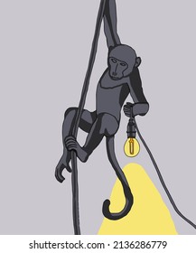 Vector illustration of black lamp shines with yellow light. Monkey with lamp. Lamp with light is hanging on the cables. Lamp hangs on the ceiling and reflects a yellow shadow. 