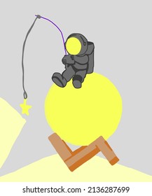 Vector illustration of black lamp shines with yellow light. Astronaut with lamp. Lamp with light is hanging on the cables. Lamp hangs on the ceiling and reflects a yellow shadow. Spaceman.