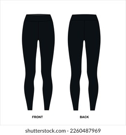 Vector illustration of black leggings. Leggings template front and back view, vector. Shapewear for women, vector. Black sports pants for fitness, yoga, running, etc.