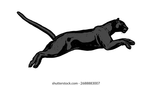 Ilustração vetorial de um leopardo negro em pose de salto médio mostrando potência, velocidade e elegância selvagem.