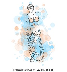 Ilustración vectorial de la línea negra de la estatua antigua de Venus de Milo sobre manchas acuáticas.