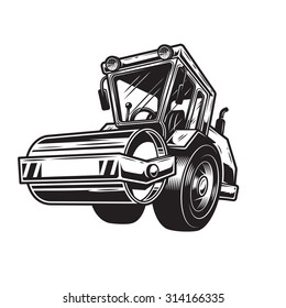 Vector illustration of black line art steamroller on white background. Monochrome style