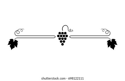 Vector Illustration. Black Line Design Element Of Grape With Leaves Isolated On White Background. Decorative Design Element For Wine Menu As Border For Text Divider And Page Or Bottle Decoration.