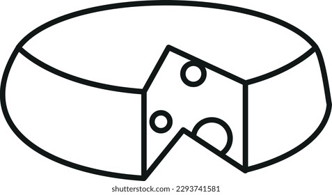 Vector illustration of black line drawing of a round cheese. Dairy derivatives. Food and diets. Cooking ingredients.