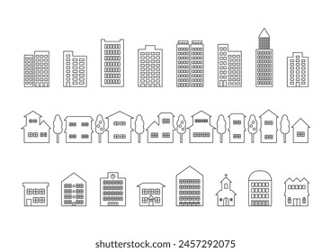 Ilustración vectorial de la línea negra dibujando cityscape. Iconos de edificios como casas, edificios e instalaciones comerciales. Fondo blanco.