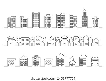 Ilustración vectorial de la línea negra dibujando cityscape. Iconos de edificios como casas, edificios e instalaciones comerciales. Fondo blanco.