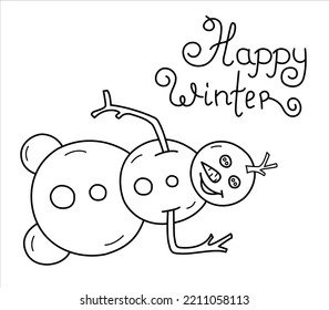Isоlated vector illustration black line funny snowman lying on its side with the text happy winter. Good for coloring books.