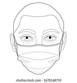 Vector illustration of black line hand drawn man wearing medical mask to prevent disease isolated on white background. Industrial safety N95 mask, breathing medical respiratory mask