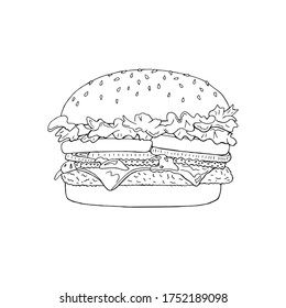 Vector illustration of black line hand drawn hamburger isolated on white background