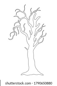 Vector illustration of black line hand drawn creepy halloween tree isolated on white background