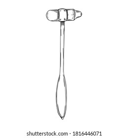 Ilustración vectorial del martillo reflex dibujado a mano en línea negra aislado en fondo blanco. Instrumentos médicos