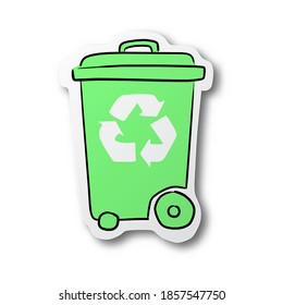 Vector illustration black line hand drawn of green recycle bin and sign on cut paper with shadow isolated on white background