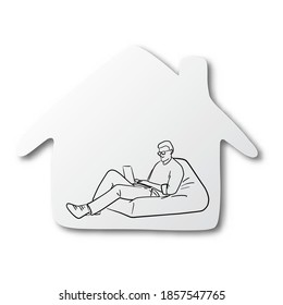 Vector illustration black line hand drawn of man working with laptop computer on beanback in the home shape cut paper and shadow isolated on white background