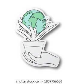 Vector illustration black line hand drawn of hand holding plant and earth in flower pot on cut paper with shadow isolated on white background