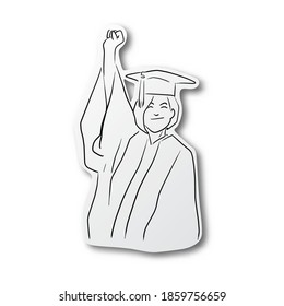 Vector illustration black line hand drawn of successful female university student wearing mortar caps and gowns on cut paper with shadow isolated on white background. Education concept.