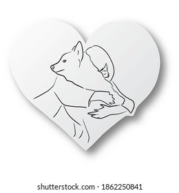 Ilustración del vector mano de línea negra dibujada por el niño abrazando a su perro con forma de corazón papel cortado con sombra aislada en fondo blanco