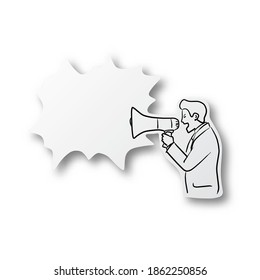 Vector illustration black line hand drawn of businessman holding loudspeaker and shouting on speech bubble shape cut paper with shadow isolated on white background