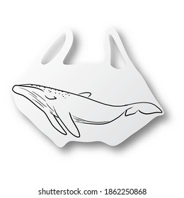 Vector illustration black line hand drawn of whale on plastic bag shape cut paper with shadow isolated on white background