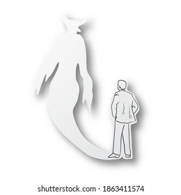 Vector illustration black line hand drawn of businessman standing back on his devil shadow shape cut paper with shadow isolated on white background. Paper art.