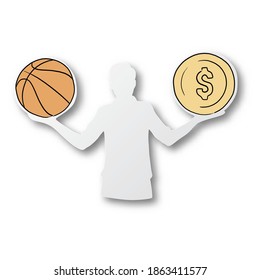 Vector illustration black line hand drawn of coin and basketball on businessman shape cut paper with shadow isolated on white background. Life balance concept.