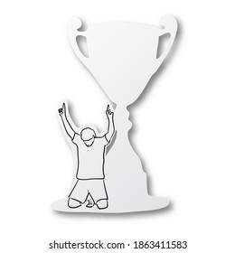 Vector illustration black line hand drawn of soocer player celebration on trophy shape cut paper with shadow isolated on white background. Paper art. Sport concept.
