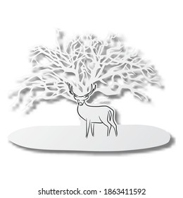 Ilustración vectorial mano de línea negra dibujada de ciervo sobre papel de corte de forma de árbol seco con sombra aislada sobre fondo blanco. Arte de papel.